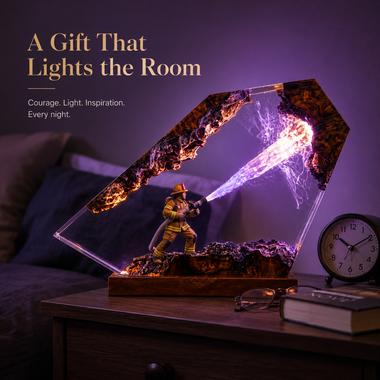 Firefighter Resin Lamp - Fire Department Epoxy Night Light, First Responder Desk Decor